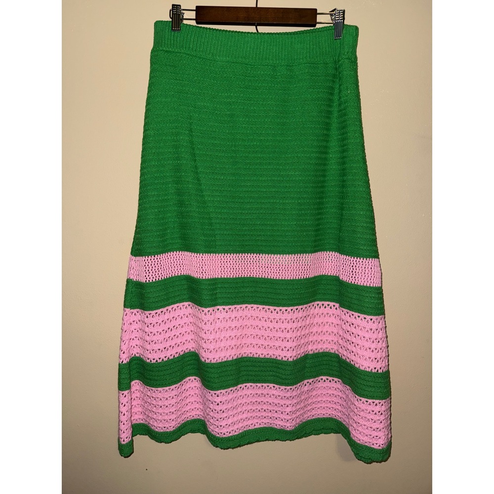 Women Green Pink Striped Knit Midi Skirt L High Waist Barbiecore Preppy Festival